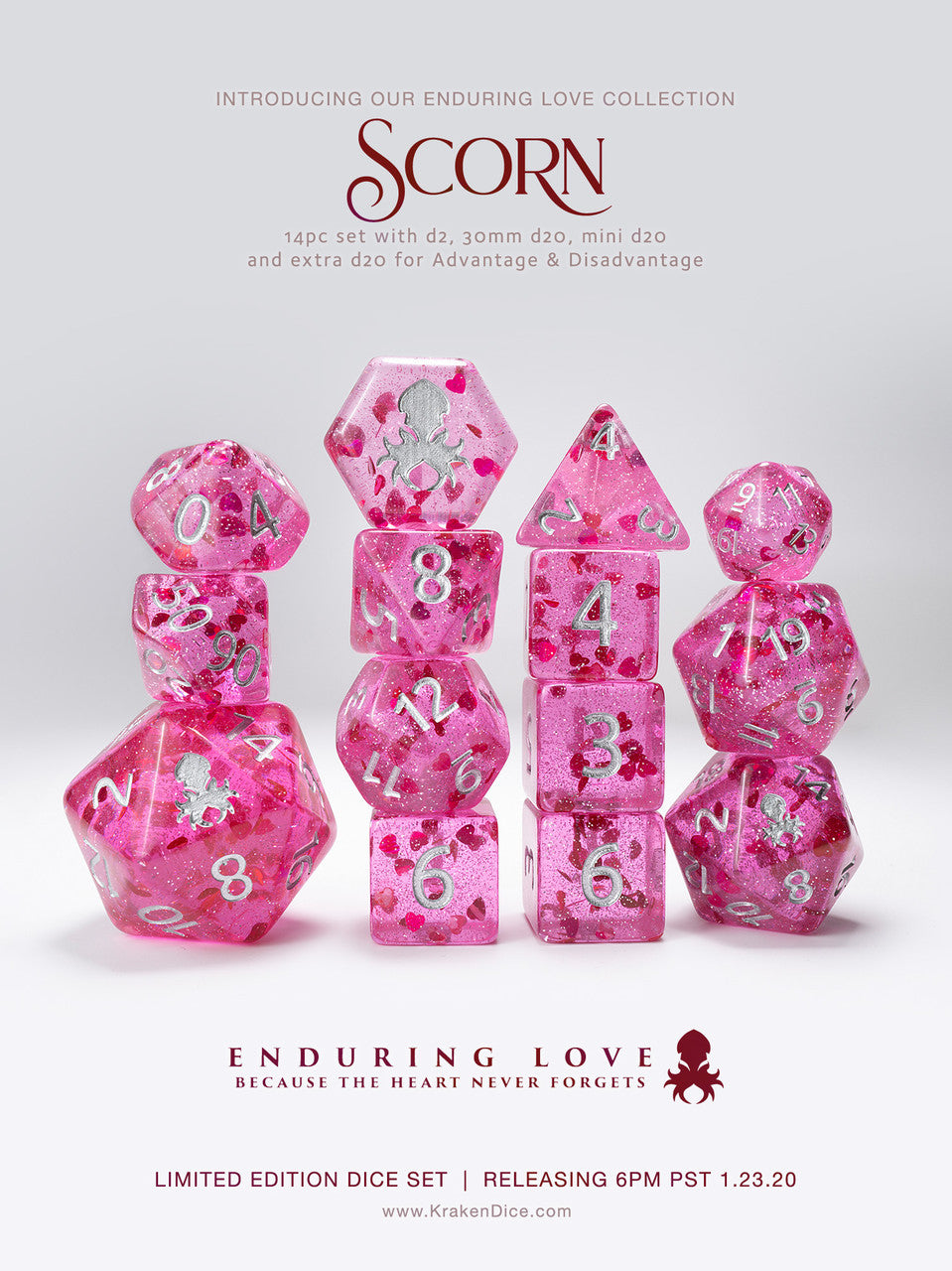 Scorn - Red with Red Hearts 14pc Limited Edition Dice Set